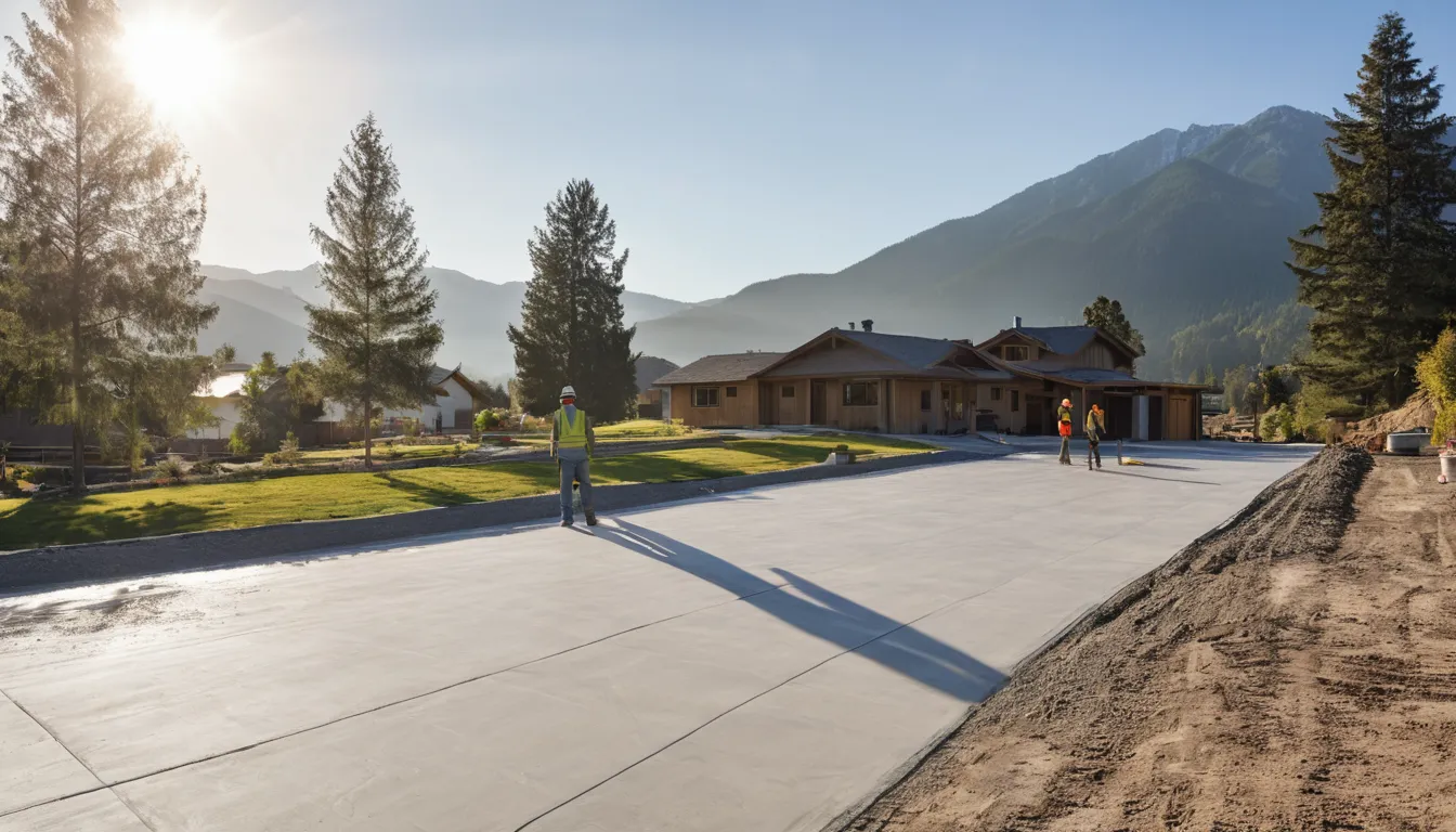 A freshly poured concrete driveway beside a frame home in Brighton